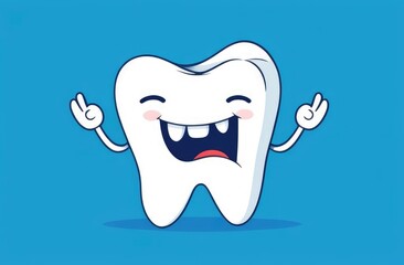 funny cute cartoon character of white tooth on blue background. pediatric dentistry, stomatology.