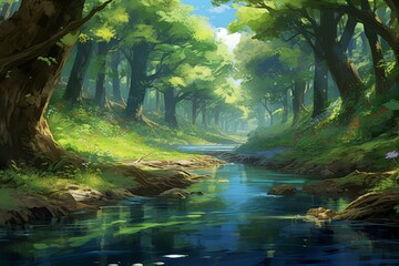 Winding Forest river. Water flow scenery. Generate Ai