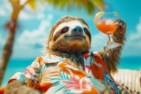 Capture a picture of a stylish sloth in a Hawaiian shirt sipping a cocktail on a tropical beach