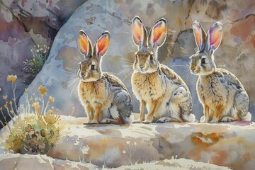 Fototapeta premium Jackrabbits in desert heat, endurance and agility concept, watercolor painting style.