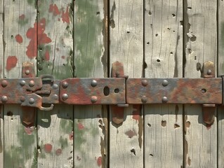 A rusty metal door hinge with a green and red splatter