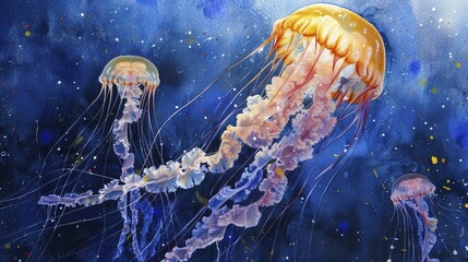 Jellyfish drifting in deep blue, serenity and depth concept, watercolor painting style.