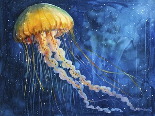 Jellyfish under deep sea illumination, mystery and depth concept, watercolor painting style.