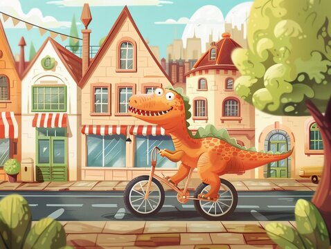 A charming cute dinosaur riding a bicycle through the busy streets