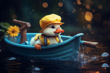 An adorable baby duckling wearing a sailor outfit, floating in a toy boat. - obrazy, fototapety, plakaty