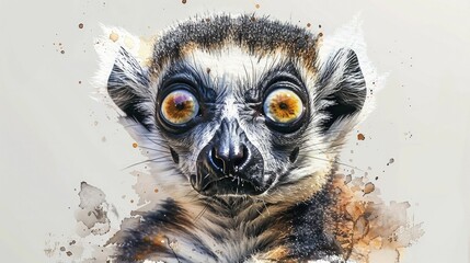 Lemur looking with wide eyes, curiosity and alertness concept, watercolor painting style.