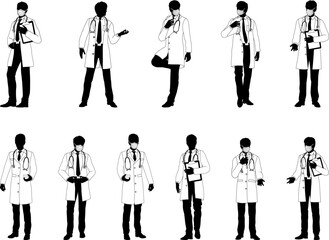 Silhouette doctor men medical healthcare people in lab coats. Some holding a clipboard or wearing PPE masks.