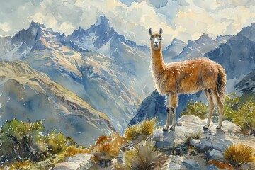 Llamas overlooking Andean mountains, curiosity and exploration concept, watercolor painting style. - obrazy, fototapety, plakaty