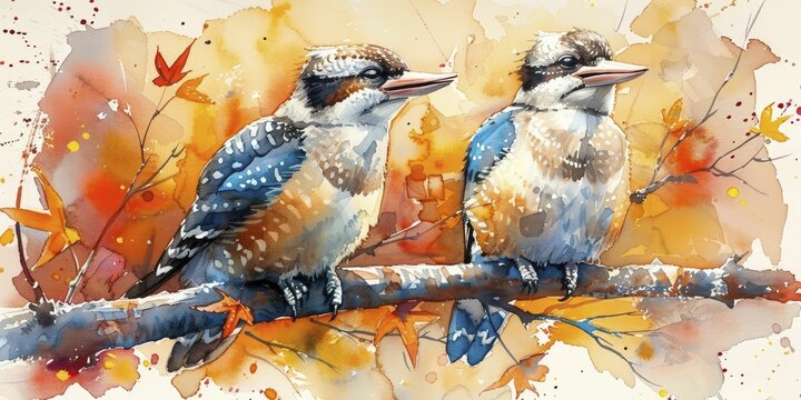 Experience the whimsical charm of kookaburras echoing laughter at dawn through a dreamy watercolor depiction.