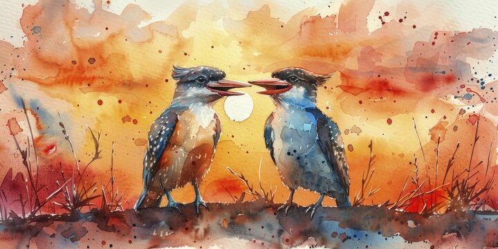 Witness the vibrant dawn as kookaburras jubilantly echo their laughter in a serene watercolor masterpiece capturing morning rituals.