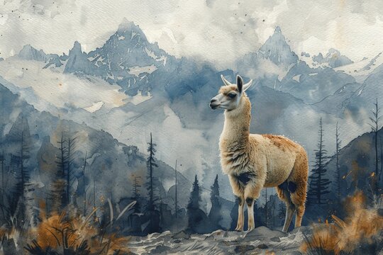 In a whimsical watercolor scene, llamas embrace the spirit of curiosity amidst the majestic Andean peaks.