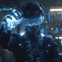 A man wearing a futuristic suit is seen holding his hands up in a gesture of surrender or defense. The background suggests a high-tech environment - obrazy, fototapety, plakaty