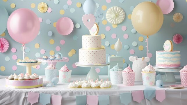 Embrace the sweetness of soft pastel-colored polka dots with party decorations that add a playful and enchanting vibe to your special occasions. --ar 16:9 Job ID: 378a2a2f-a55d-452d-809d-e2700104f378