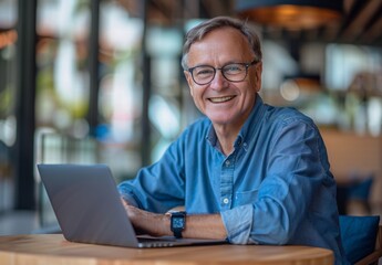 a man smiling at a laptop