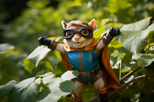 A mischievous chipmunk wearing a superhero mask, climbing a tree.