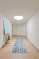Corridor of a modern flat with a skylight and a carpet in the middle.