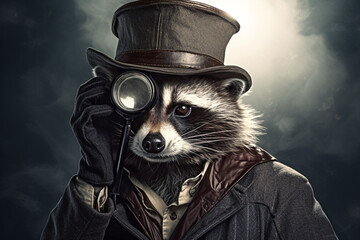 A mischievous raccoon wearing a detective hat, holding a magnifying glass.
