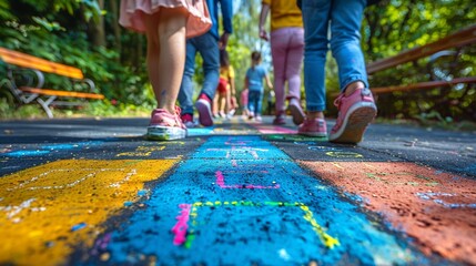A group of kids playing hopscotch on a sunny sidewalk, with chalk drawings beneath their feet