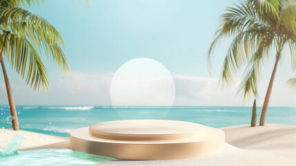 Obraz premium Beach podium summer background sand product 3D sea display platform. Beach podium summer banner stand scene sale sky holiday vacation stage water island sun travel pedestal promotion presentation