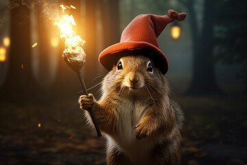 A mischievous squirrel wearing a wizard hat, holding a tiny magic wand.