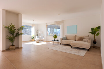 Spacious living room with carpet sofa and large open space in front. Large windows and green plants inside. - 779879081