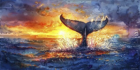 A majestic whale's tail dances in the sunset-kissed ocean, embodying freedom and the spirit of exploration in a dreamy watercolor style. - obrazy, fototapety, plakaty