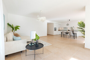 Open space with living room, kitchen and dining room together. inside a new, modern flat.