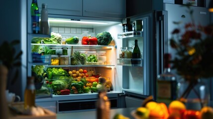 Fresh Fruits and Vegetables in a Well-Organized Refrigerator - obrazy, fototapety, plakaty