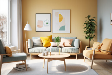 A modern Scandinavian living room with a bright color palette, clean lines, and carefully curated decor, creating a harmonious and inviting space, captured in HD.