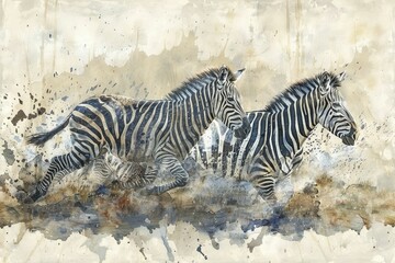 Fototapeta na wymiar Witness the zebras' frantic dash from danger, embodying instinct and survival in a captivating watercolor depiction.