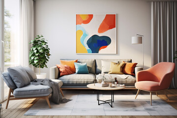 A modern Scandinavian living room with a bright color palette, clean lines, and carefully curated decor, captured in high definition.