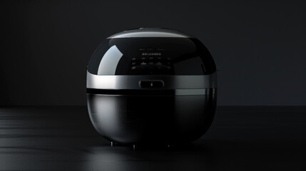 A modern and minimalist black and silver smart rice cooker with multiple cooking modes and programmable settings for convenient meal preparation