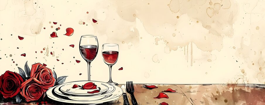 Romantic Candlelit Dinner Table Setting with Roses and Floral Accents