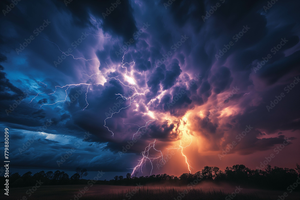 Wall mural Landscapes, raging storms and violent and dangerous lightning strikes.