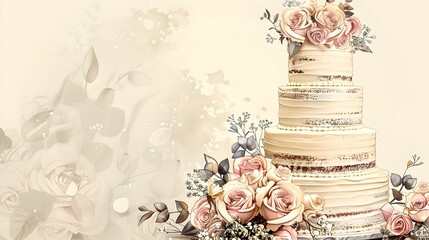 Elegant Wedding Cake with Intricate Floral Icing Details and Lush Rose Centerpiece