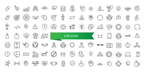 Life icon collection. Related to lifespan, soul, vitality, life insurance, wellness, existence, pulse, harmony and more. Line vector icons set.