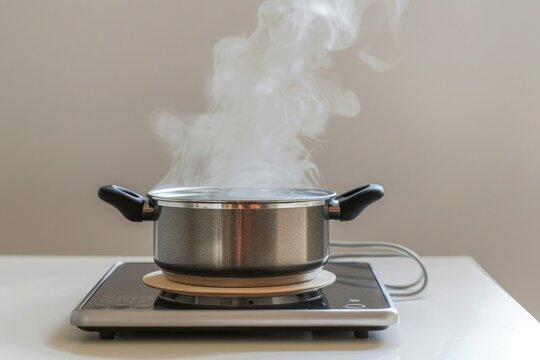 An electric hot plate, with a pot steaming on top, placed on a white surface.
