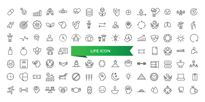 Life icon collection. Related to lifespan, soul, vitality, life insurance, wellness, existence, pulse, harmony and more. Line vector icons set.