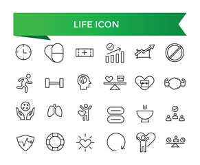 Life icon collection. Related to lifespan, soul, vitality, life insurance, wellness, existence, pulse, harmony and more. Line vector icons set.