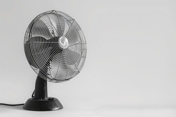 An electric fan, its blades spinning gracefully, set against a plain white background.