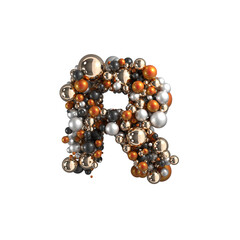 Metal balls alphabet letter R on transparent background. 3d render.