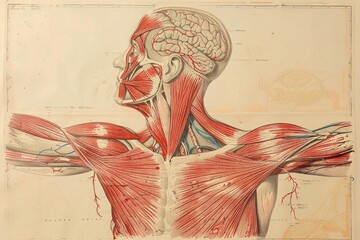 An anatomical diagram of the muscular system, showing the interconnectedness of muscles. - obrazy, fototapety, plakaty