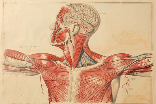 An anatomical diagram of the muscular system, showing the interconnectedness of muscles.