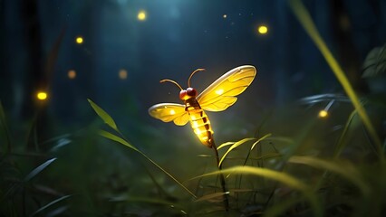 Naklejka premium Firefly with yellow glowing in the forest