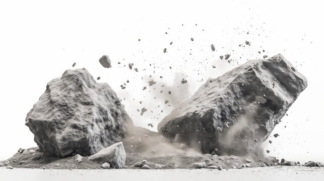 Rock stone white background fall black falling space isolated splash dust mountain cliff flying. Earth stone boulder texture rock abstract broken powder white dirt blast float burst fantasy surface