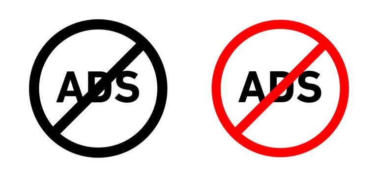 Ad blocker for web or social media advertisement icon. ads not allowed for marketing online set. anti ads free platform symbol