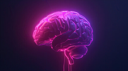 Human Brain Made by Neon Glow is Hovering on a Black Background