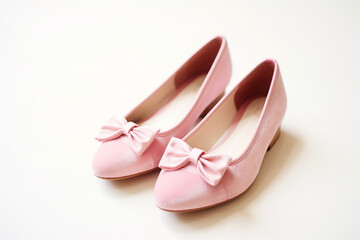 A pair of blush pink velvet flats with a dainty bow detail, on a soft velvet fabric.