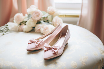 A pair of blush pink velvet flats with a dainty bow detail, on a soft velvet fabric.