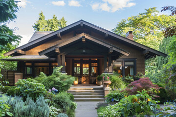 A Craftsman bungalow with an emphasis on vertical lines, featuring a steeply pitched roof, tall, narrow windows, and a front porch with slender columns, set in a lush garden. - obrazy, fototapety, plakaty